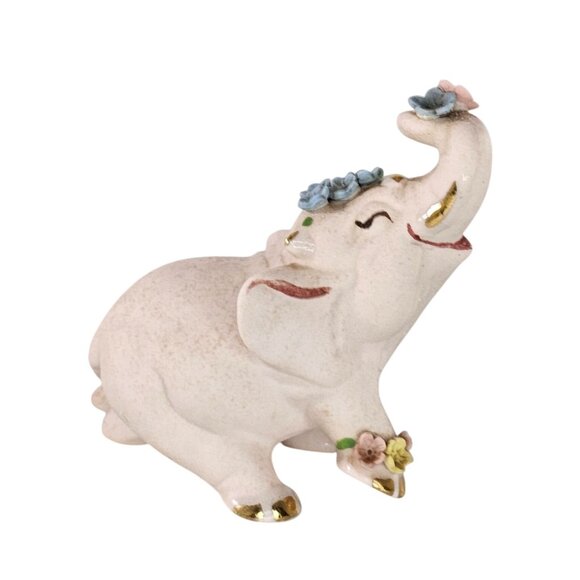 Vintage Walker Renaker Pink Bisque Elephant Figurine Gold Accents Flowers - Picture 1 of 13
